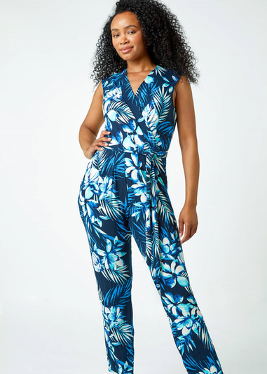 Roman Blue Petite Tropical Print Tie Waist Jersey Jumpsuit