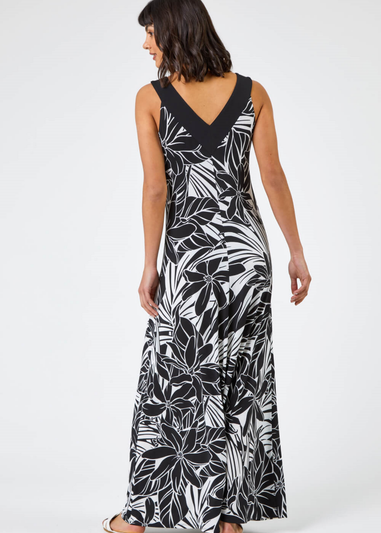 Roman Black Floral Print Contrast Band Maxi Dress