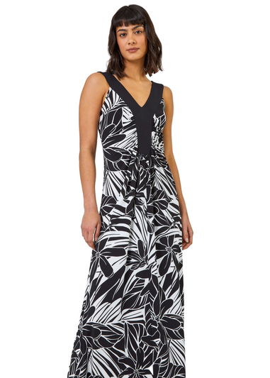 Roman Black Floral Print Contrast Band Maxi Dress