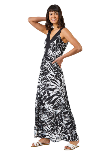 Roman Black Floral Print Contrast Band Maxi Dress