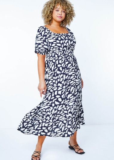 Roman Navy Curve Stretch Waist Midi Dress