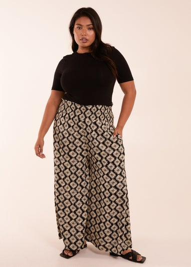 Blue Vanilla Black Curve Shirred Wide Leg Aztec Trouser