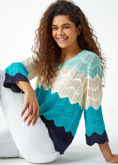 Roman Turquoise Colour Block Crochet Knit Scalloped Jumper