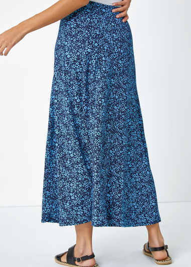 Roman Blue Ditsy Floral Stretch Midi Skirt