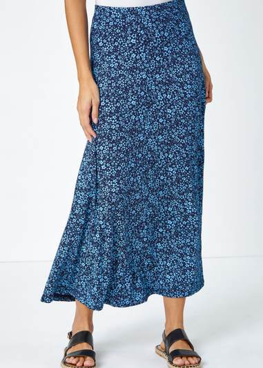 Roman Blue Ditsy Floral Stretch Midi Skirt