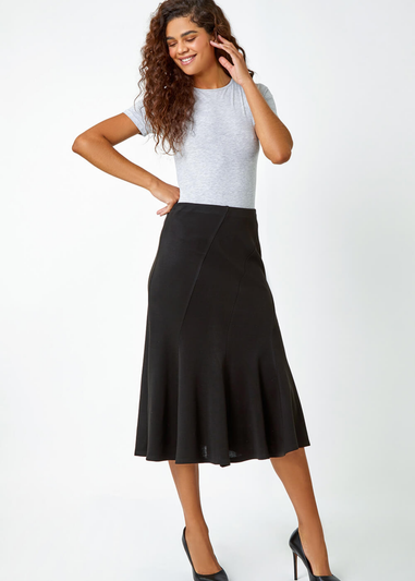 Black Panelled Flared Midi Stretch Skirt