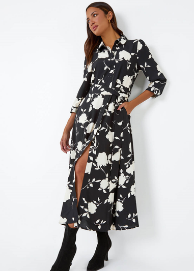 Roman Black Floral Print Midi Shirt Stretch Dress