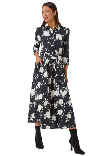 Roman Black Floral Print Midi Shirt Stretch Dress