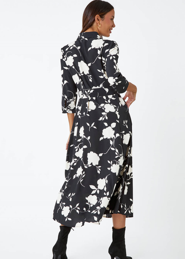 Roman Black Floral Print Midi Shirt Stretch Dress