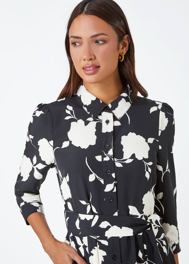 Roman Black Floral Print Midi Shirt Stretch Dress