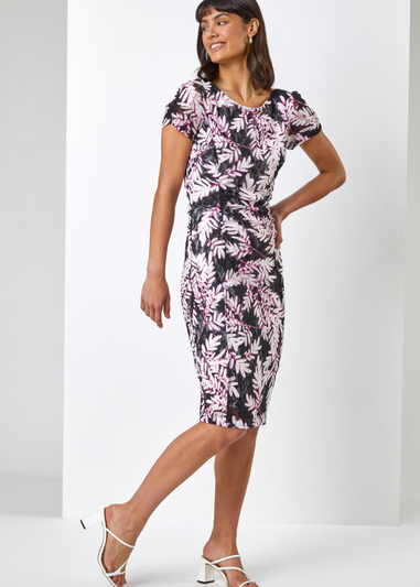 Roman Black Leaf Print Ruched Lace Shift Dress