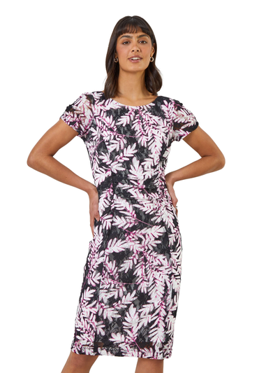 Roman Black Leaf Print Ruched Lace Shift Dress