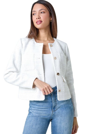 Roman Ivory Collarless Boucle Jacket