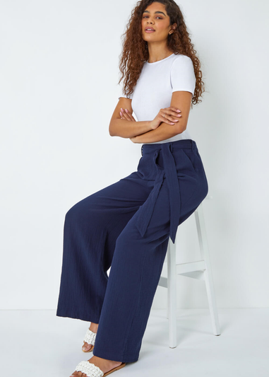 Roman Navy Textured Cotton Wide Leg Trousers