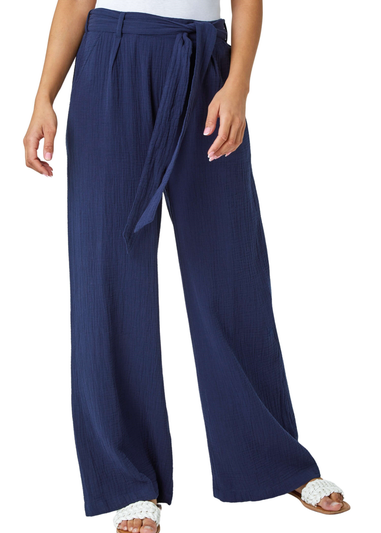 Roman Navy Textured Cotton Wide Leg Trousers