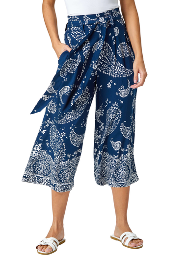 Roman Navy Paisley Print Wide Leg Cropped Trousers