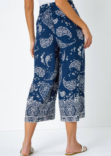 Roman Navy Paisley Print Wide Leg Cropped Trousers