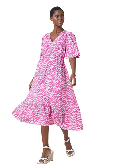 Roman Pink Zig Zag Print Tiered Hem Midi Dress