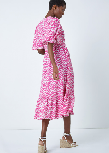 Roman Pink Zig Zag Print Tiered Hem Midi Dress