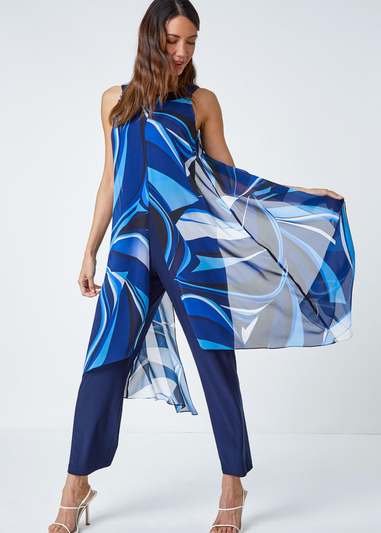 Roman Royal Blue Full Length Printed Overlay Jumpsuit