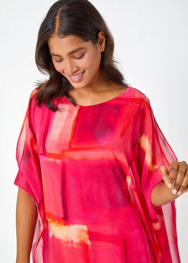 Roman Pink Abstract Print Chiffon Overlay Dress