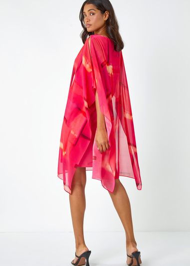 Roman Pink Abstract Print Chiffon Overlay Dress