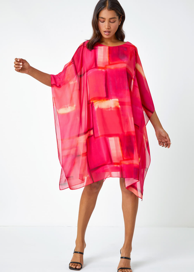 Roman Pink Abstract Print Chiffon Overlay Dress