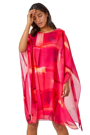 Roman Pink Abstract Print Chiffon Overlay Dress