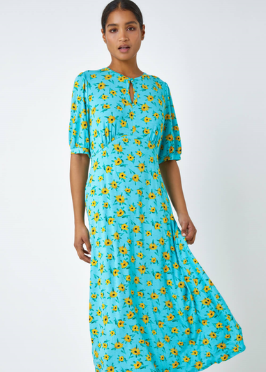 Roman Blue Sunflower Print Keyhole Stretch Midi Dress