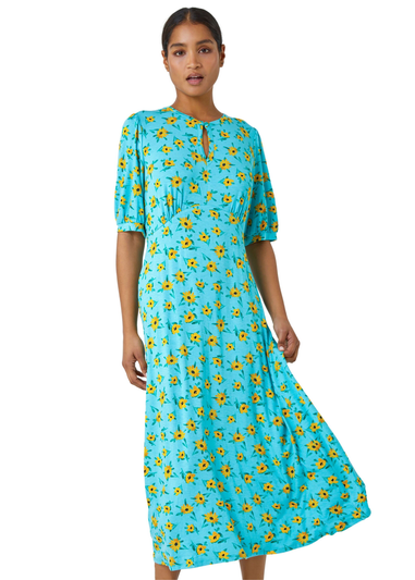 Roman Blue Sunflower Print Keyhole Stretch Midi Dress