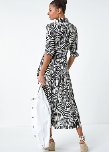 Roman Black Zebra Print Midi Shirt Dress