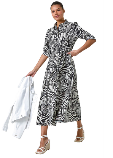 Roman Black Zebra Print Midi Shirt Dress