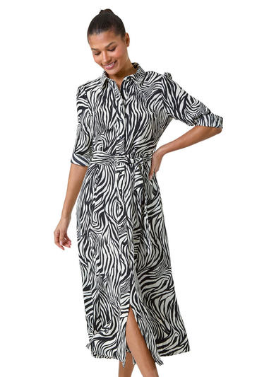 Roman Black Zebra Print Midi Shirt Dress