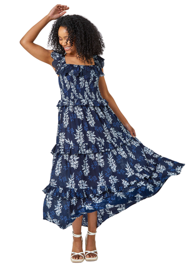 Roman Navy Petite Floral Print Tiered Maxi Dress