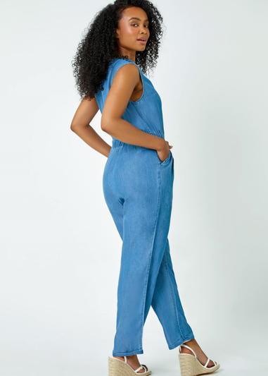 Roman Blue Petite Stretch Denim Pocket Jumpsuit