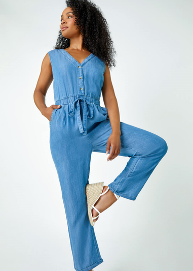 Roman Blue Petite Stretch Denim Pocket Jumpsuit