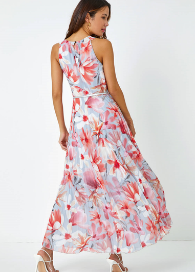 Roman Orange Floral Pleated Halterneck Maxi Dress