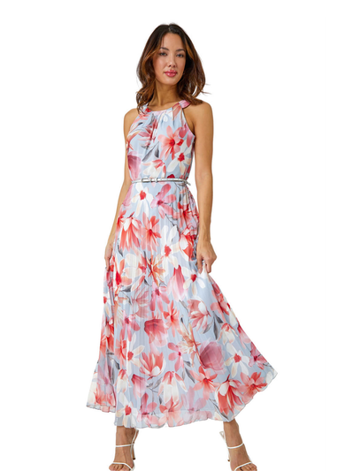 Roman Orange Floral Pleated Halterneck Maxi Dress