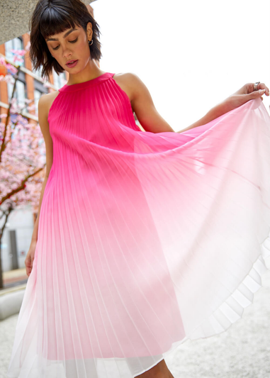 Roman Cerise Ombre Halter Neck Pleated Swing Dress