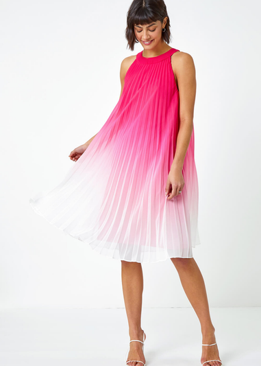 Roman Cerise Ombre Halter Neck Pleated Swing Dress