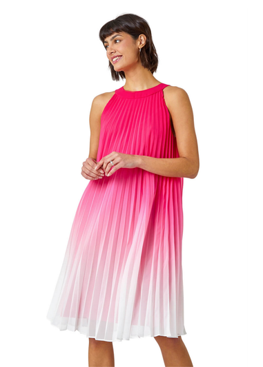 Roman Cerise Ombre Halter Neck Pleated Swing Dress