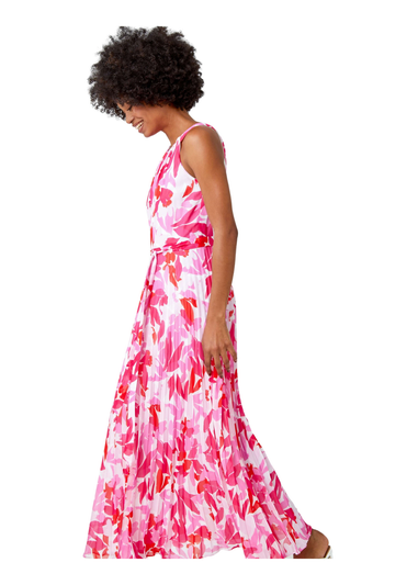 Roman Pink Floral Halter Neck Pleated Chiffon Maxi Dress