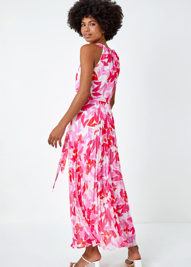 Roman Pink Floral Halter Neck Pleated Chiffon Maxi Dress