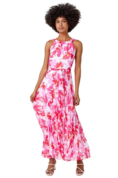 Roman Pink Floral Halter Neck Pleated Chiffon Maxi Dress