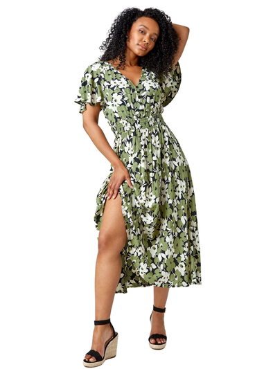 Roman Green Petite Floral Print Shirred Midi Dress