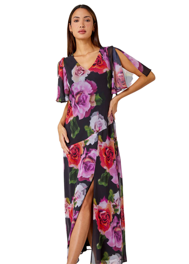 Roman Black  Floral Print Chiffon Tie Back Maxi Dress