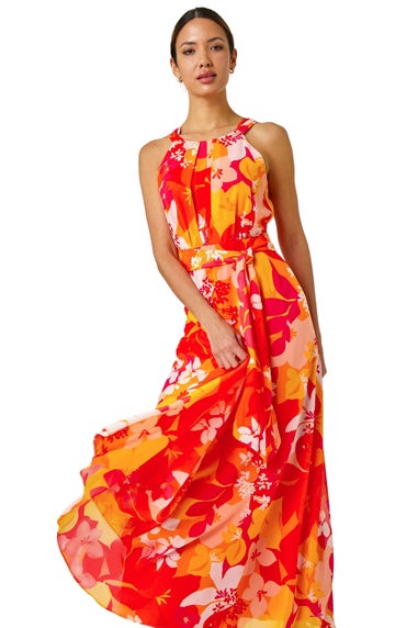 Roman Pink Tropical Print Halterneck Maxi Dress