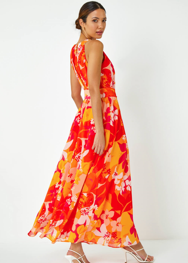 Roman Pink Tropical Print Halterneck Maxi Dress