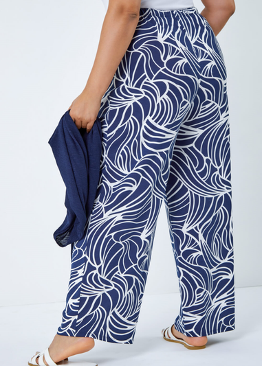 Roman Navy Curve Linear Print Palazzo Trousers