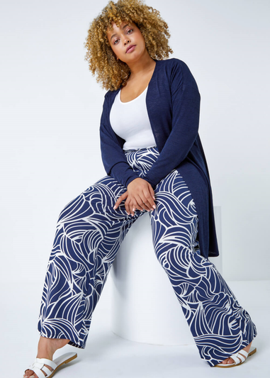 Roman Navy Curve Linear Print Palazzo Trousers